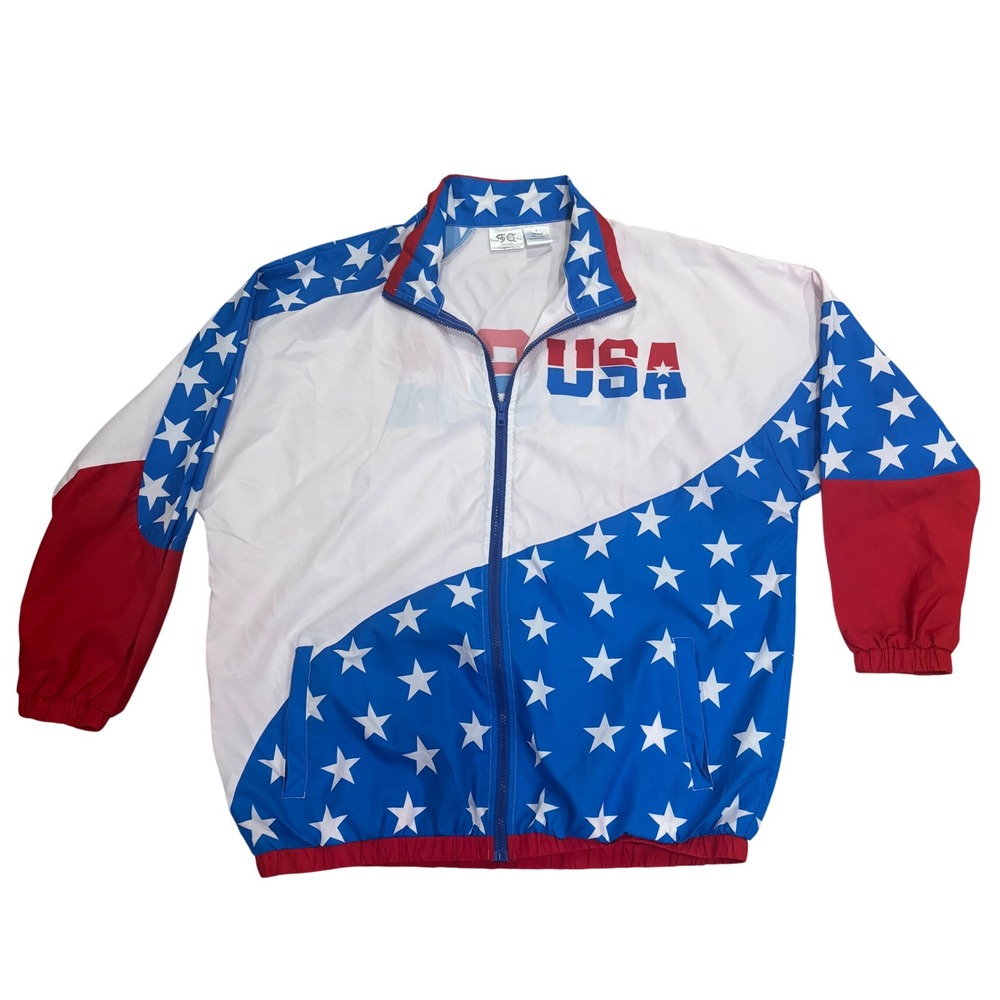 Funny Guy Mugs USA Windbreaker Jacket Mens Medium Stars Stripes Red‎ White Blue
